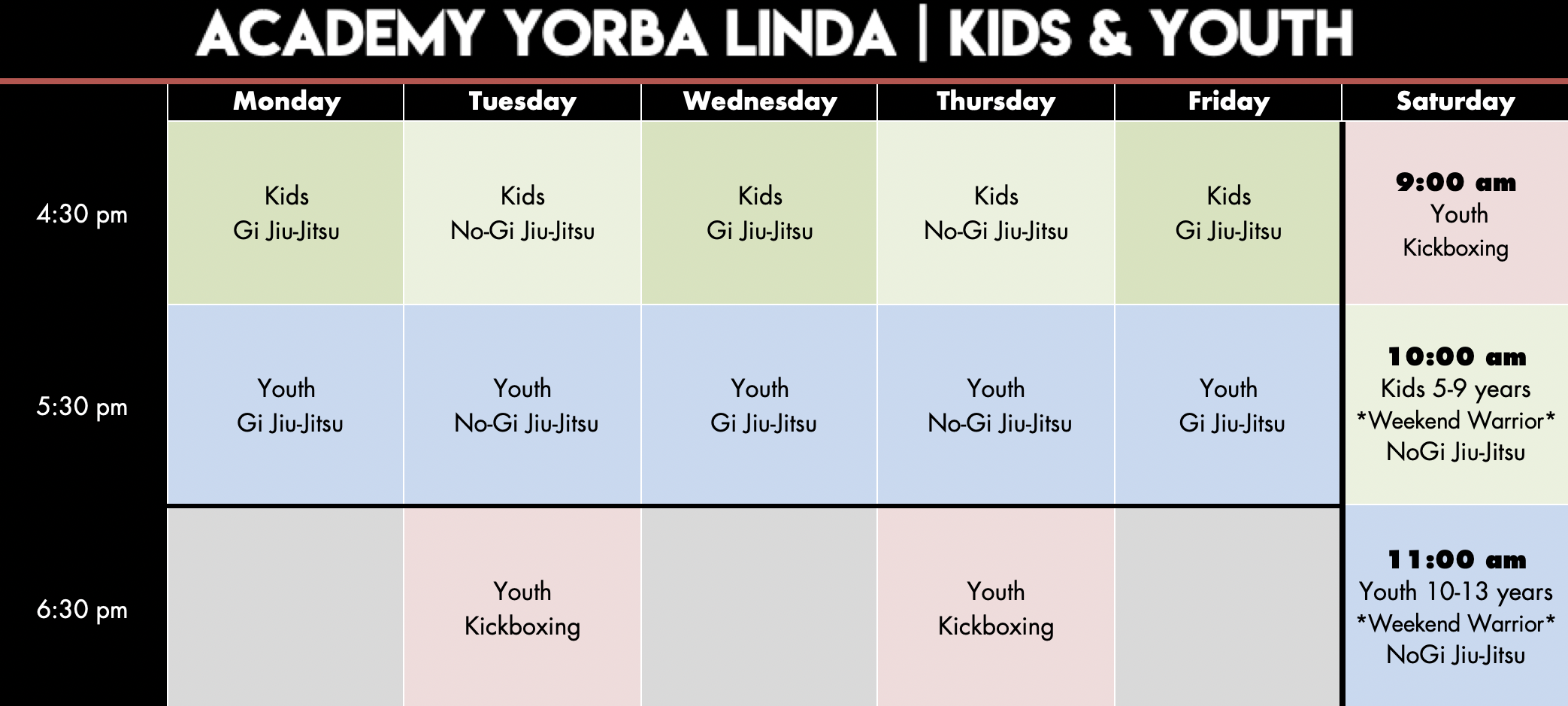 Youth Kickboxing Schedule